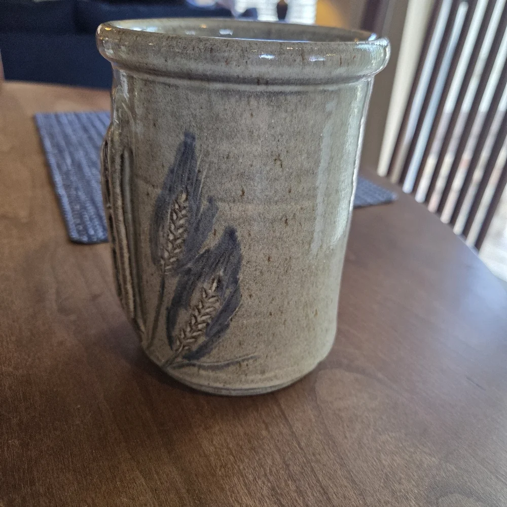 Pottery Crock Marked 'Spoons' Tan/Gray Glaze With Blue Wheat Sheafs